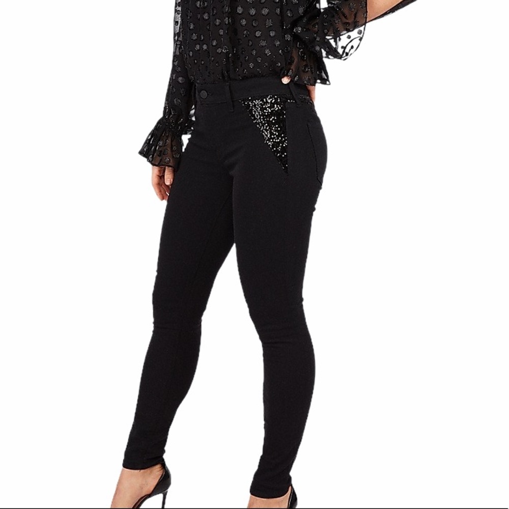 EXPRESS MID RISE BLACK SEQUIN POCKET SKINNY JEANS